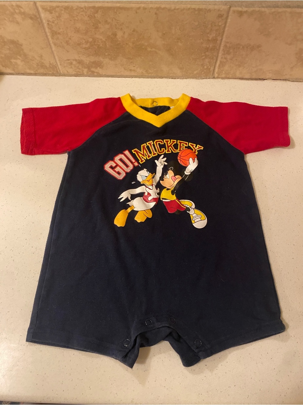 Vintage Disney Navy, Red & Yellow 'Go! Mickey' Graphic One-Piece